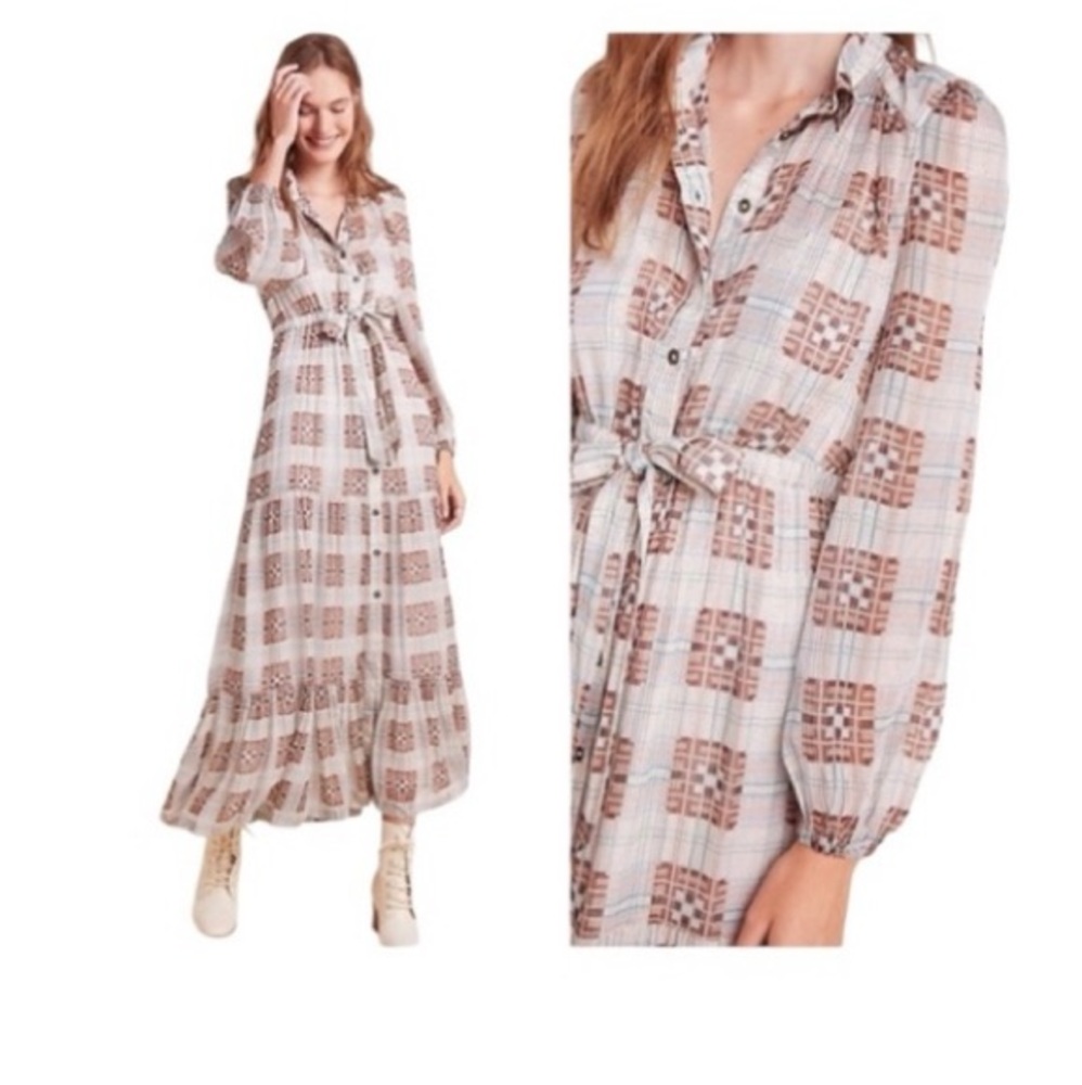 Anthropologie Checkered Midi Dress - Brown and Cream